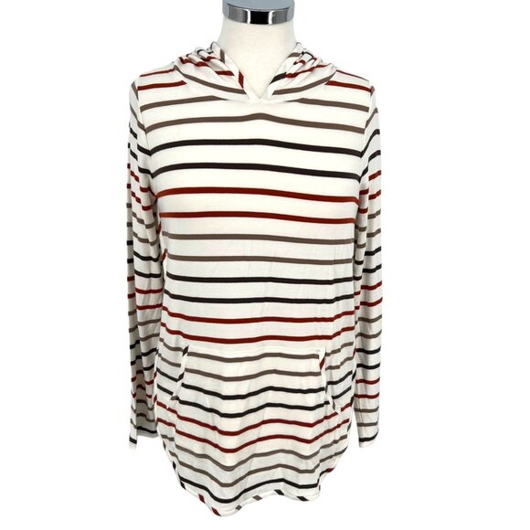Market & Spruce Striped Hooded Long Sleeve Top Ivory Red Brown Size Large NWT - Picture 1 of 11